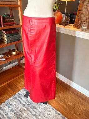 Vintage Kookie Genuine Red Leather Maxi Skirt Size L Back Slit 80s 90s